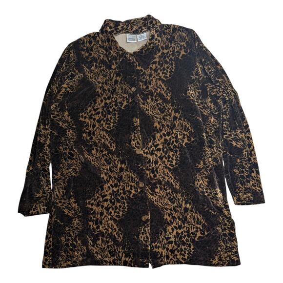 Vtg 1990s Jason Maxwell Brown Tan Leopard Print Velvet Button Up Shirt XL - Picture 1 of 4